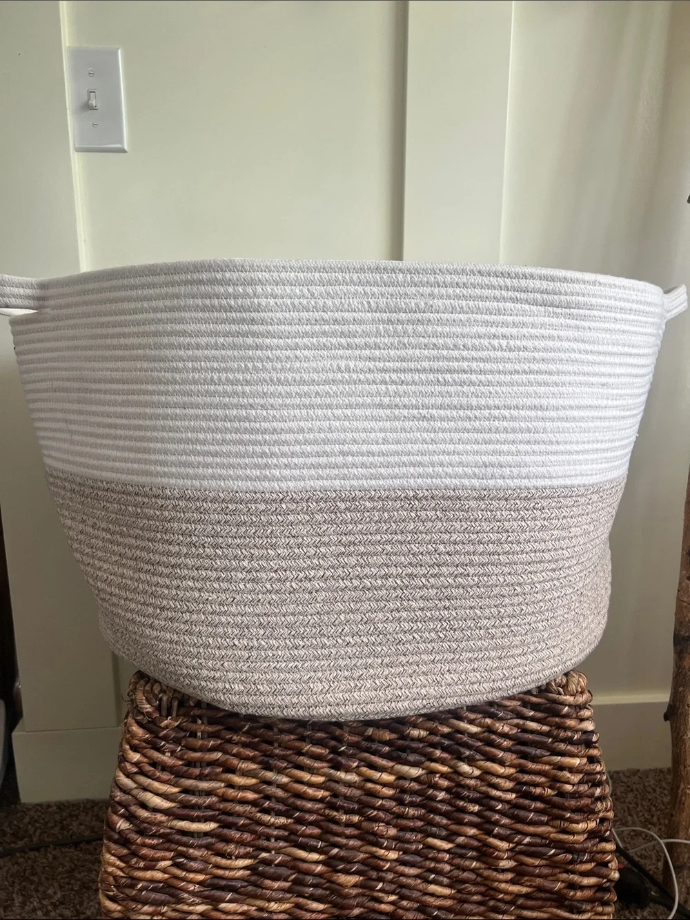 Two-Tone White and Tan Cotton Rope Storage Basket